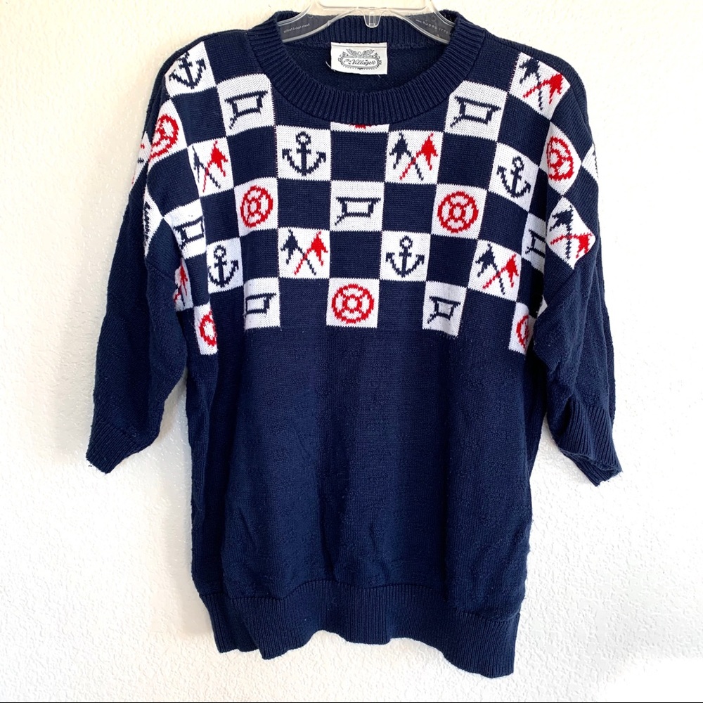 Vintage 90s Nautical Checker Print Grandma Sweater